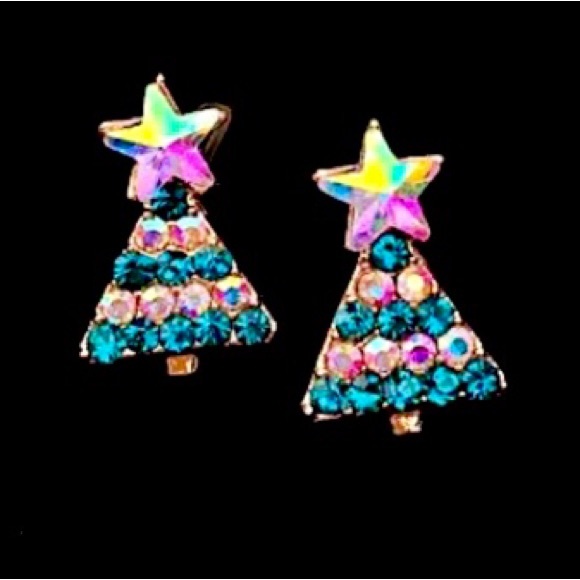 AB Rainbow and Teal Crystal Christmas Tree Rose Gold Tone Studs Stud Earrings - Picture 2 of 4